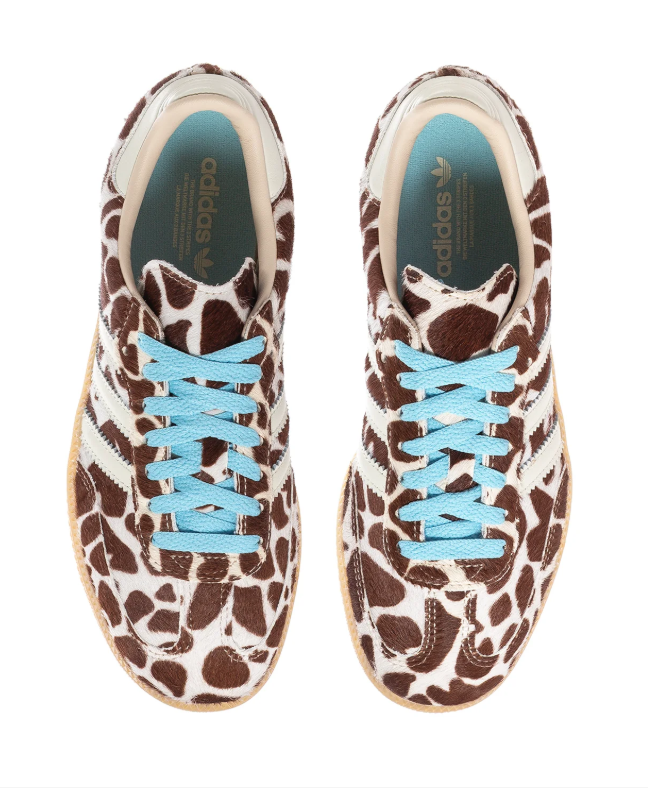 adidas Brown & Cream Cow-Print Sneakers with Light Blue Laces & Gum Sole