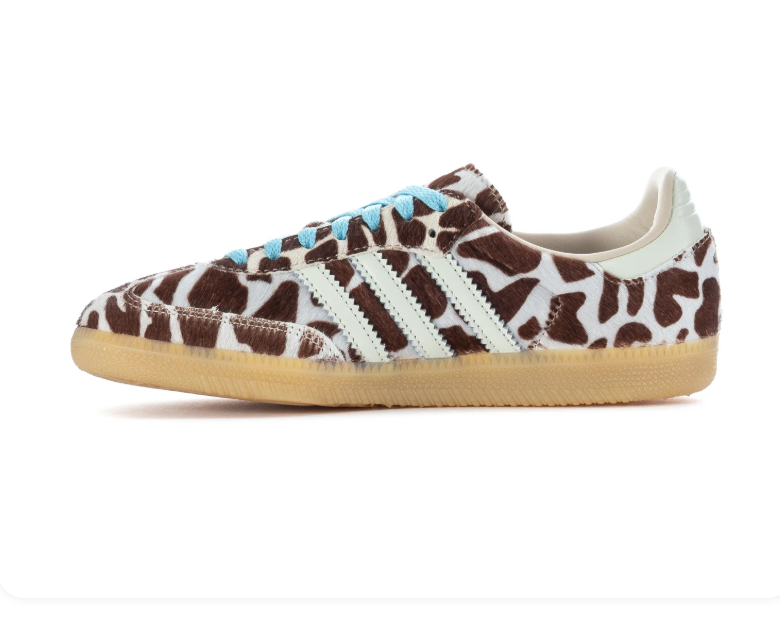 adidas Brown & Cream Cow-Print Sneakers with Light Blue Laces & Gum Sole