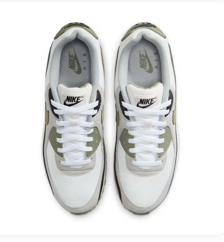Nike Air Max 90 White & Grey Sneakers with Olive Green Accents