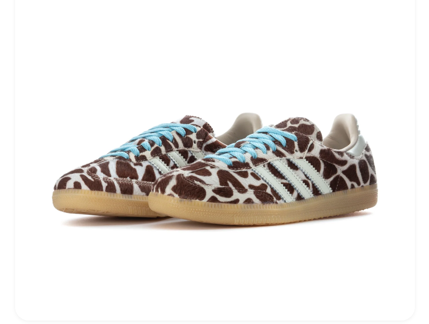 adidas Brown & Cream Cow-Print Sneakers with Light Blue Laces & Gum Sole