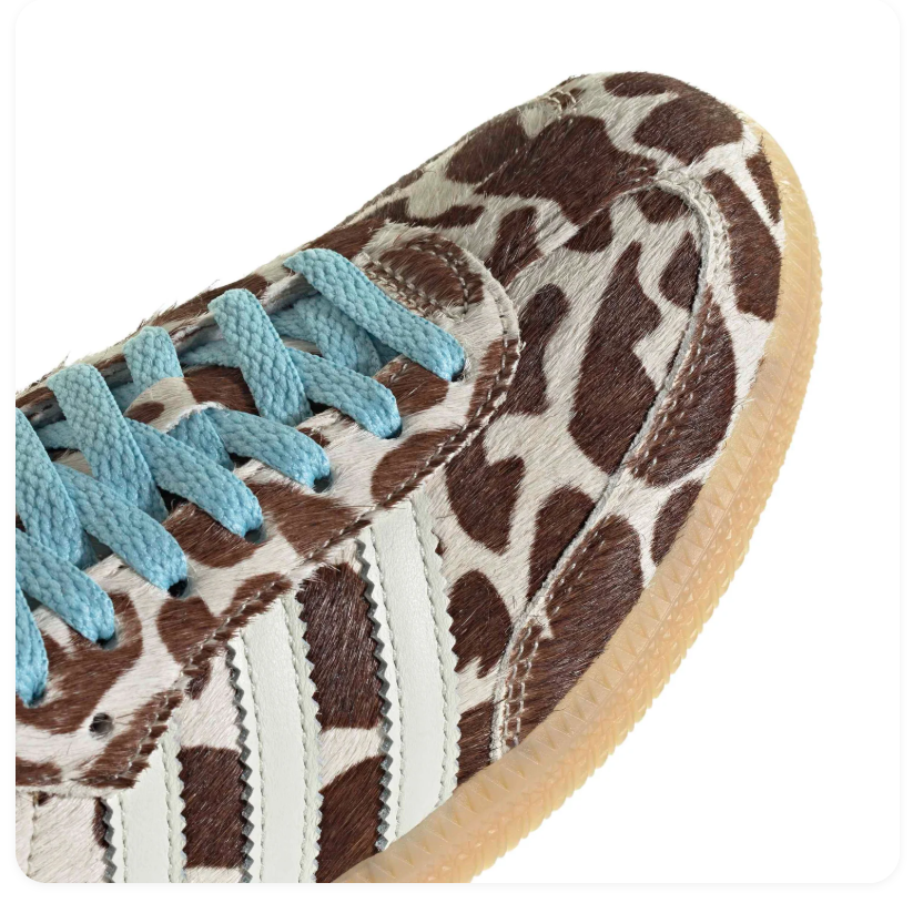 adidas Brown & Cream Cow-Print Sneakers with Light Blue Laces & Gum Sole