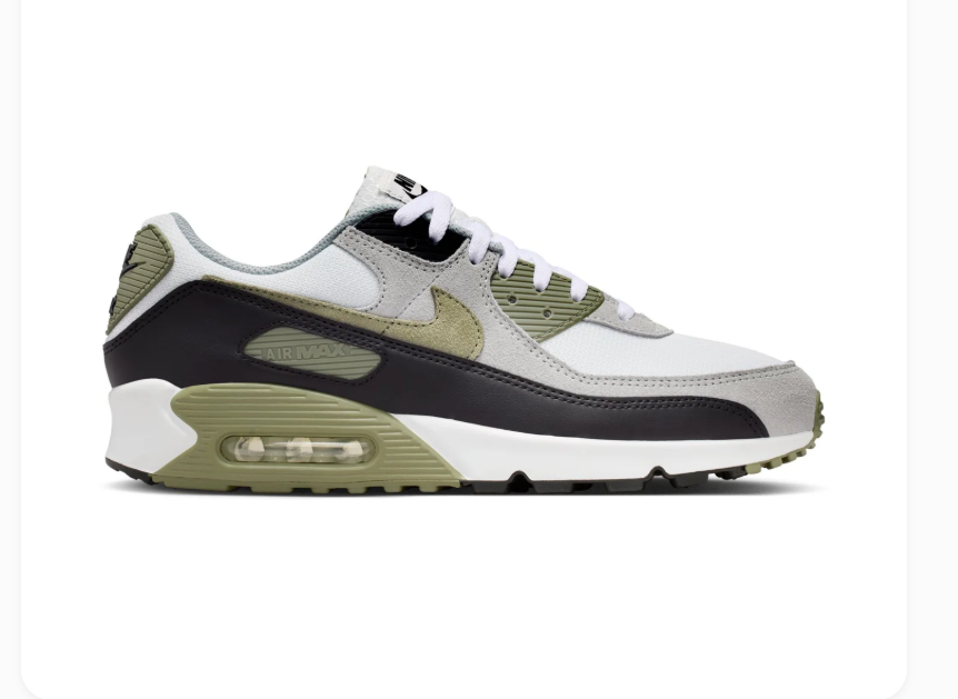 Nike Air Max 90 White & Grey Sneakers with Olive Green Accents