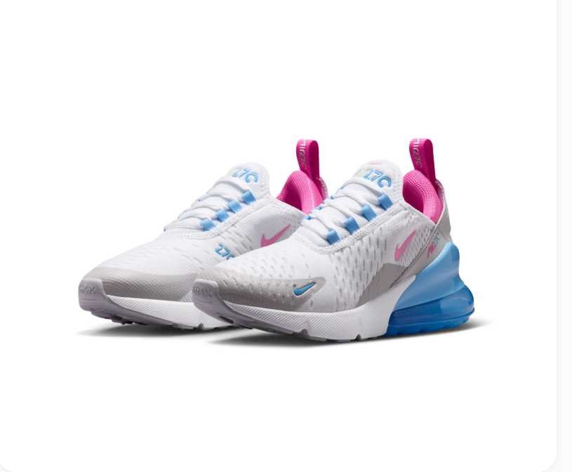 Nike Air Max 270 White & Grey Sneakers with Blue Heel & Pink Accents