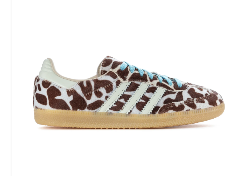 adidas Brown & Cream Cow-Print Sneakers with Light Blue Laces & Gum Sole
