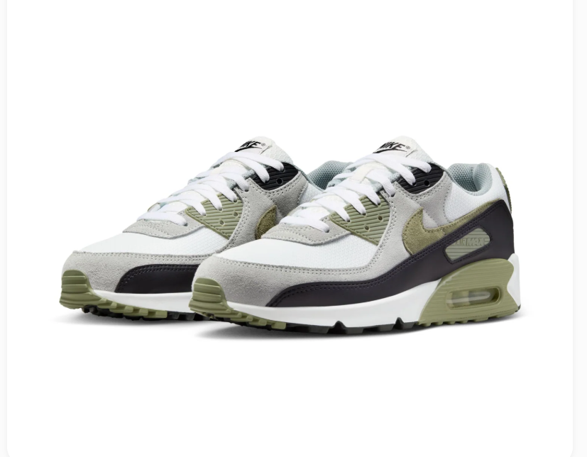 Nike Air Max 90 White & Grey Sneakers with Olive Green Accents