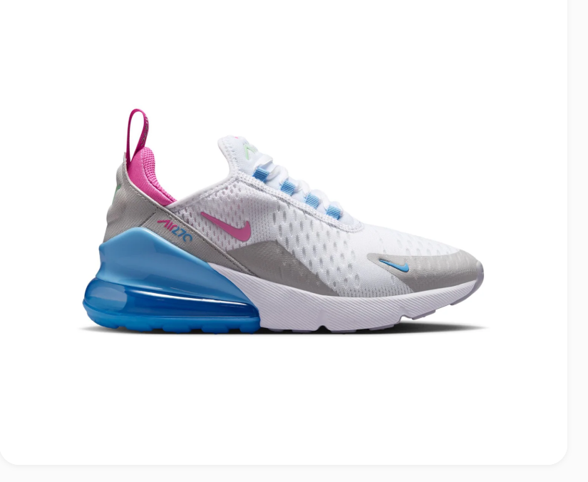 Nike Air Max 270 White & Grey Sneakers with Blue Heel & Pink Accents