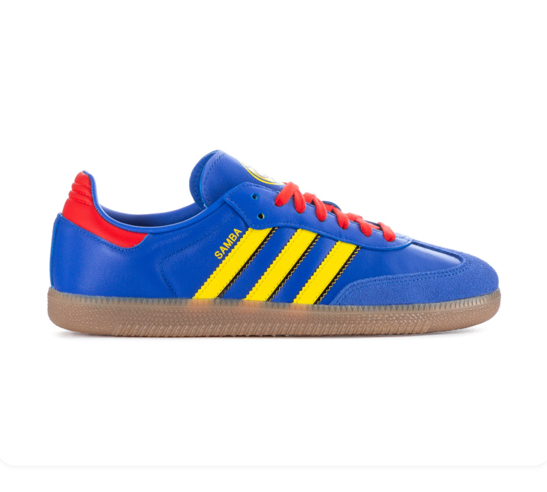 adidas Samba Blue & Yellow Sneakers with Red Laces & Gum Sole