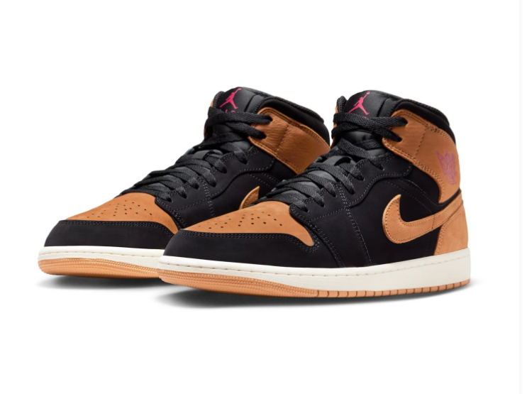Air Jordan 1 Mid Black & Tan Sneakers with Red Accents