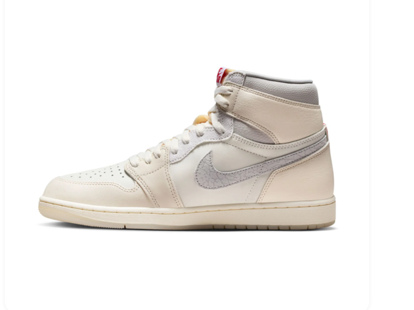 Air Jordan 1 High Cream & Grey Sneakers with Red Accents