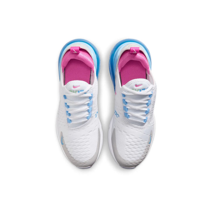 Nike Air Max 270 White & Grey Sneakers with Blue Heel & Pink Accents