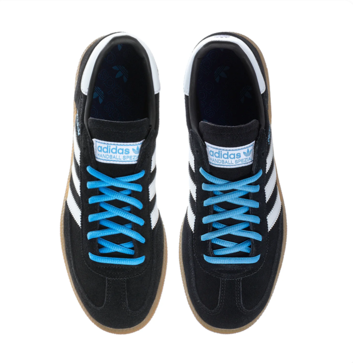 adidas Handball Spezial Black & White Sneakers with Blue Laces & Gum Sole