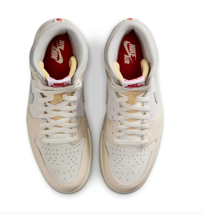Air Jordan 1 High Cream & Grey Sneakers with Red Accents