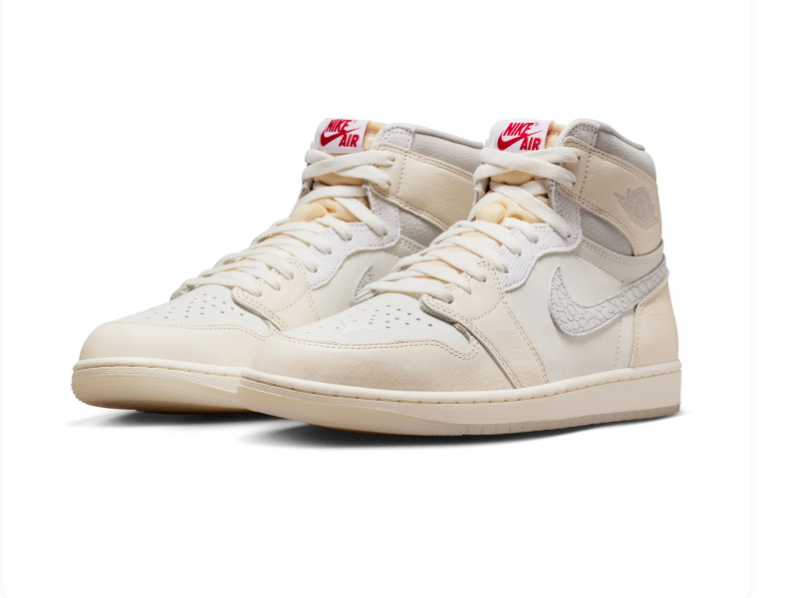 Air Jordan 1 High Cream & Grey Sneakers with Red Accents