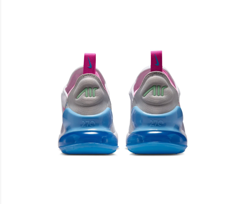 Nike Air Max 270 White & Grey Sneakers with Blue Heel & Pink Accents