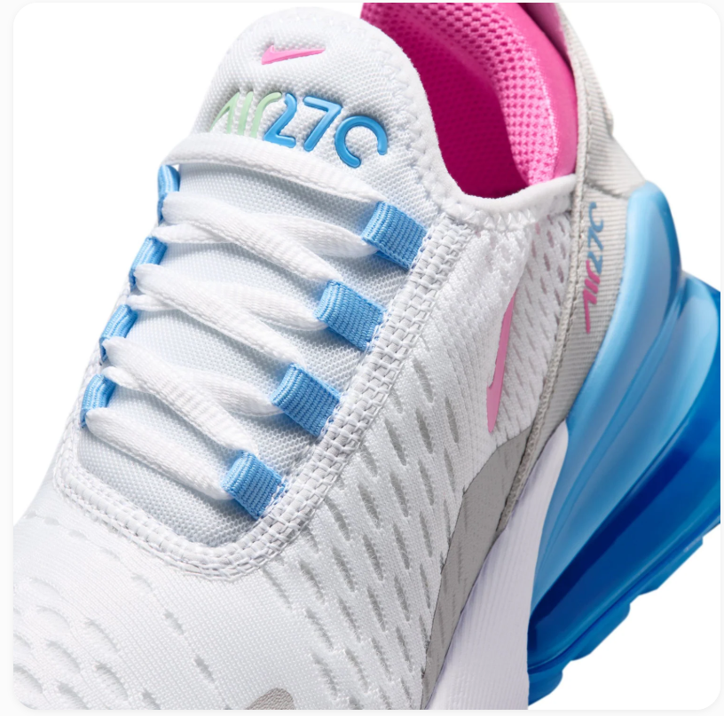 Nike Air Max 270 White & Grey Sneakers with Blue Heel & Pink Accents