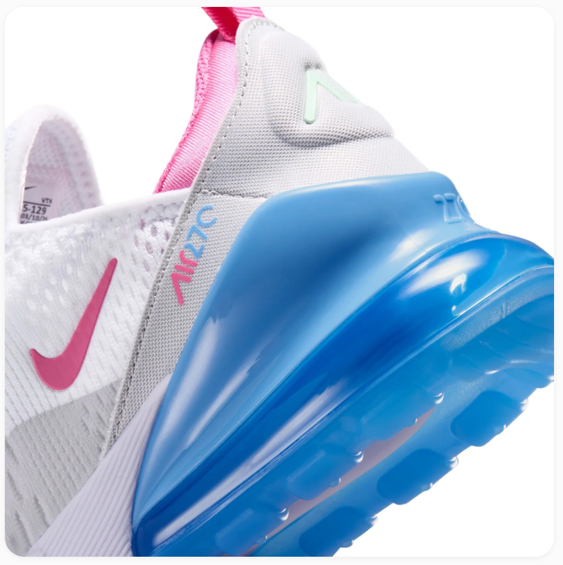 Nike Air Max 270 White & Grey Sneakers with Blue Heel & Pink Accents