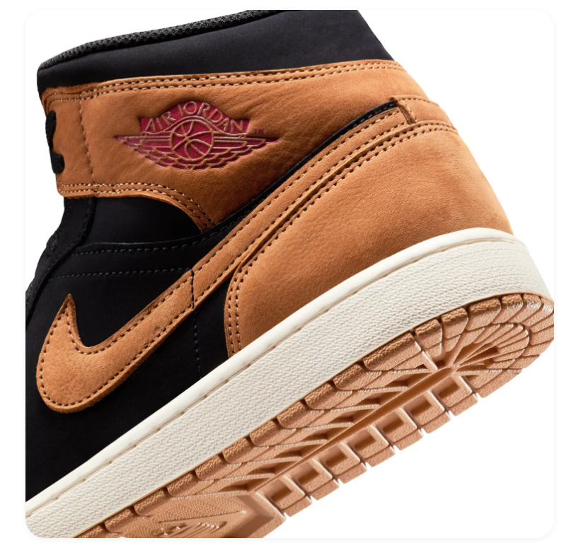 Air Jordan 1 Mid Black & Tan Sneakers with Red Accents