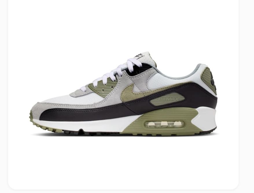 Nike Air Max 90 White & Grey Sneakers with Olive Green Accents