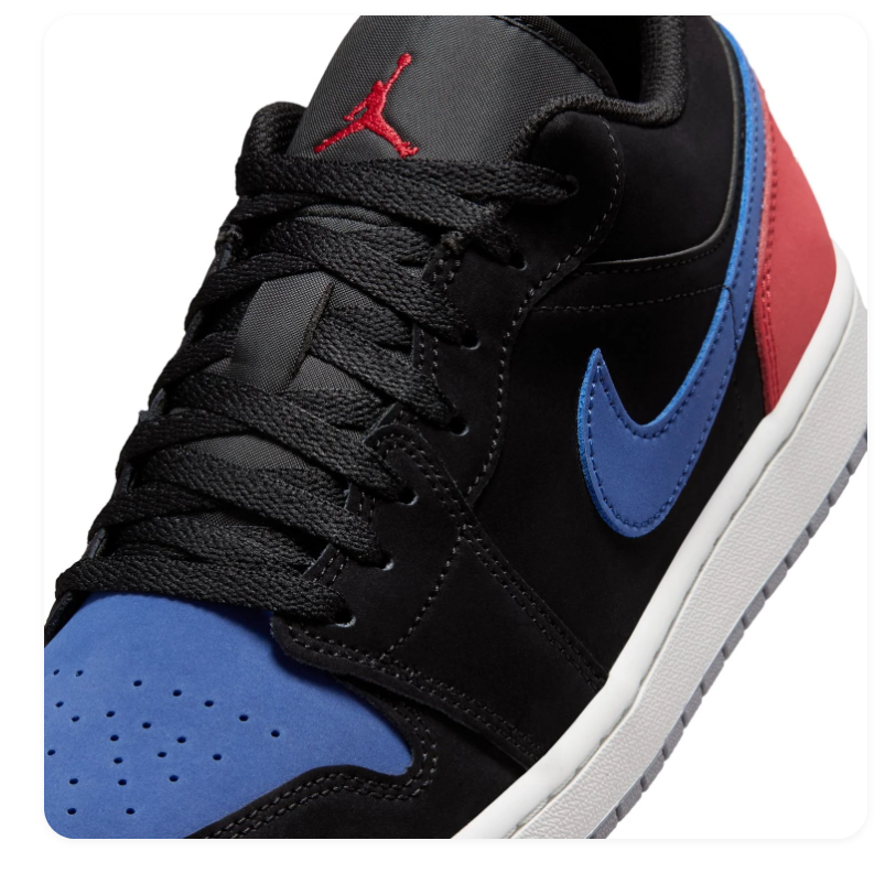 Air Jordan 1 Low Black & Blue Sneakers with Red Heel