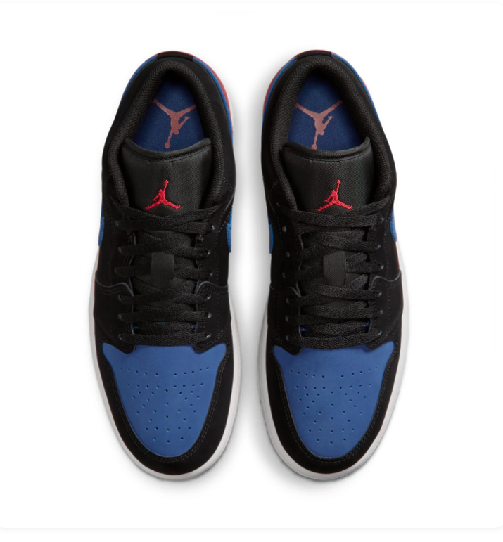 Air Jordan 1 Low Black & Blue Sneakers with Red Heel