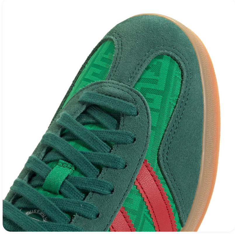 adidas Green Patterned Sneakers with Red Stripes & Gum Sole