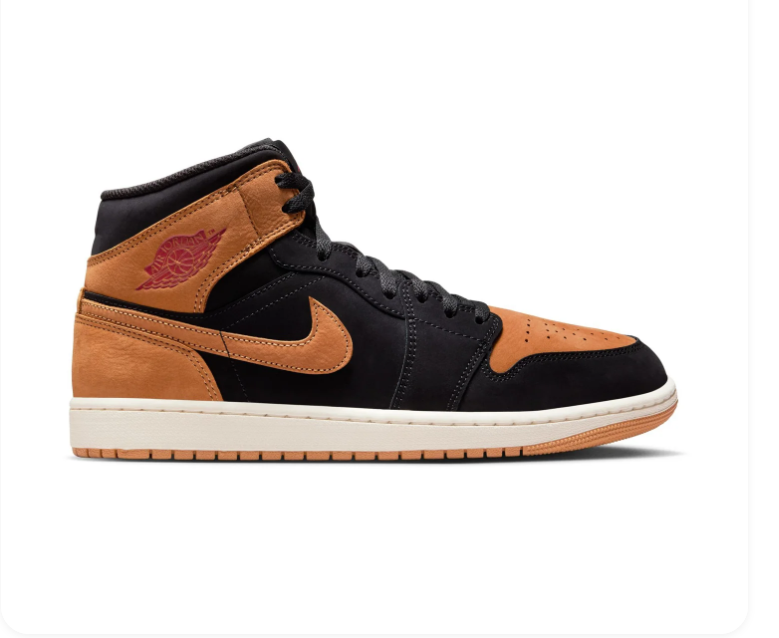Air Jordan 1 Mid Black & Tan Sneakers with Red Accents