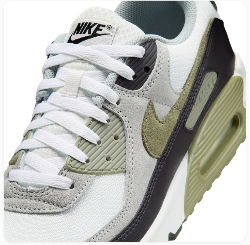 Nike Air Max 90 White & Grey Sneakers with Olive Green Accents