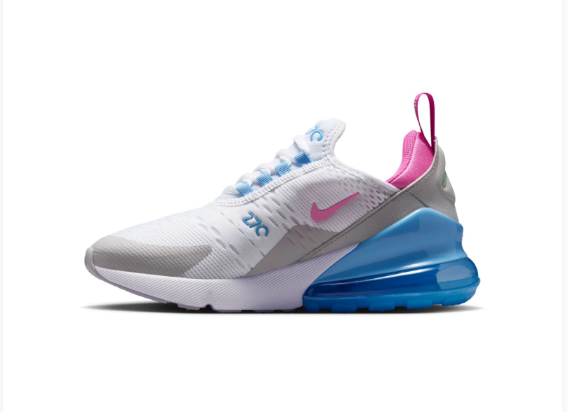 Nike Air Max 270 White & Grey Sneakers with Blue Heel & Pink Accents
